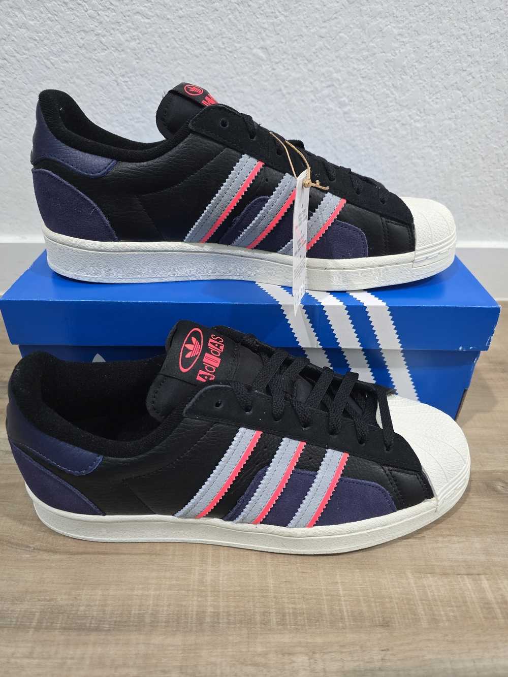 Adidas Black Leather & Purple Suede Superstar Sneakers with Pink Accents